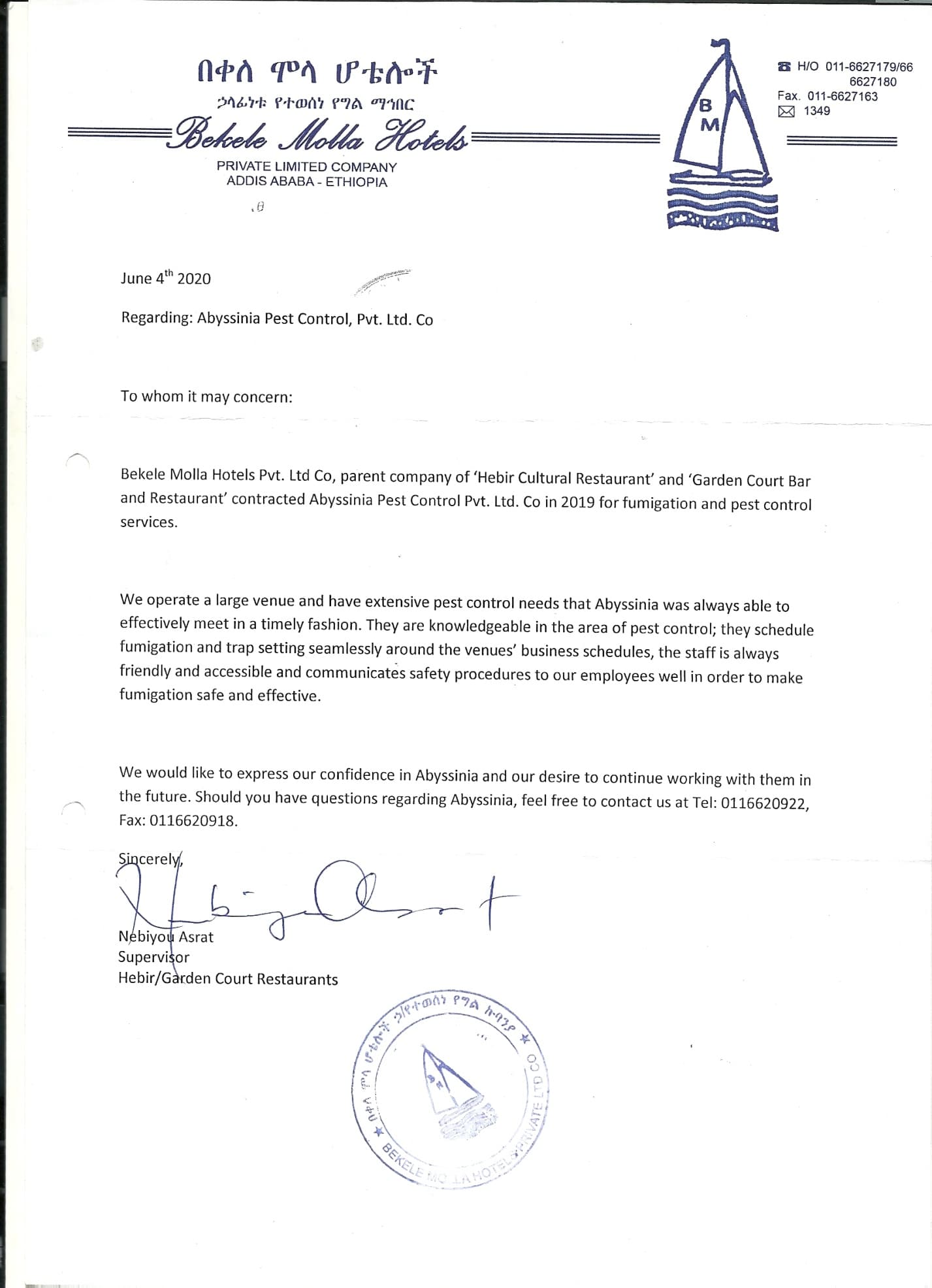 Appreciation letter from Bekele Mola Hotels for pest control and fumigation