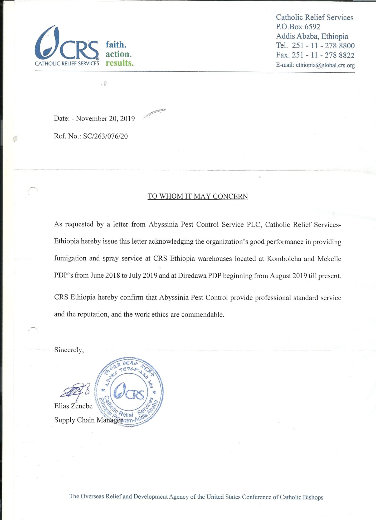 Acknowledgement letter from Catholic Relief Services Ethiopia