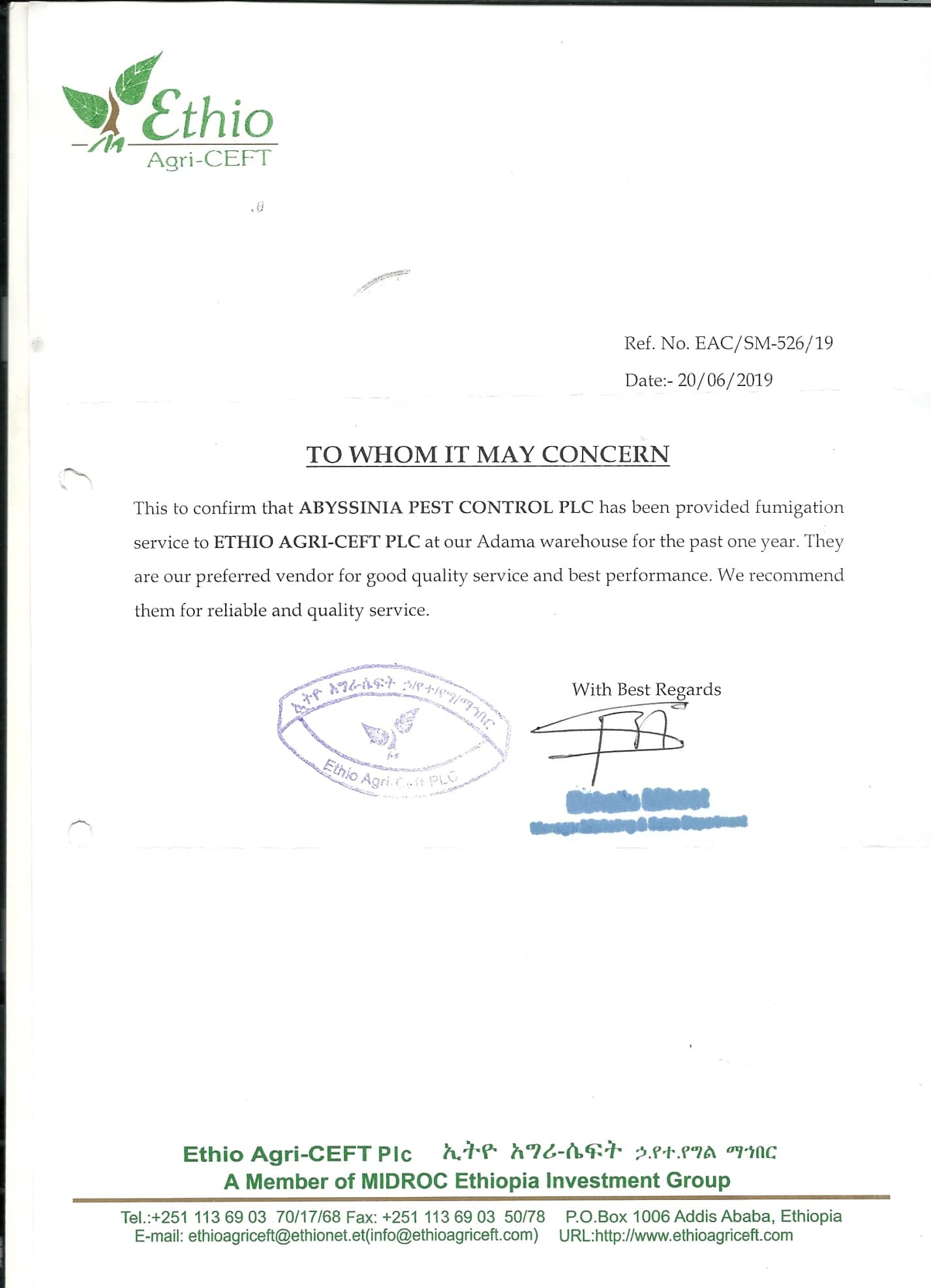Appreciation letter from Ethio Agri-CEFT PLC for fumigation service