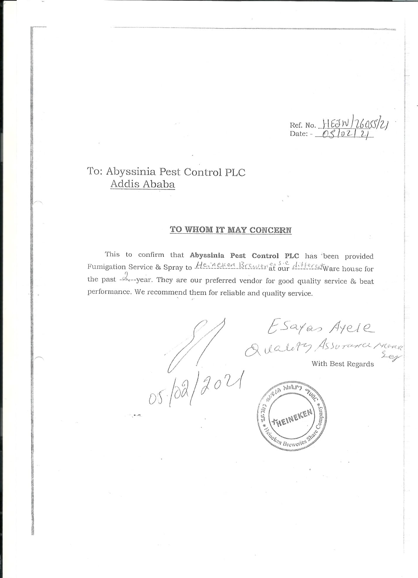 Acknowledgement letter from Heineken for fumigation and spray service